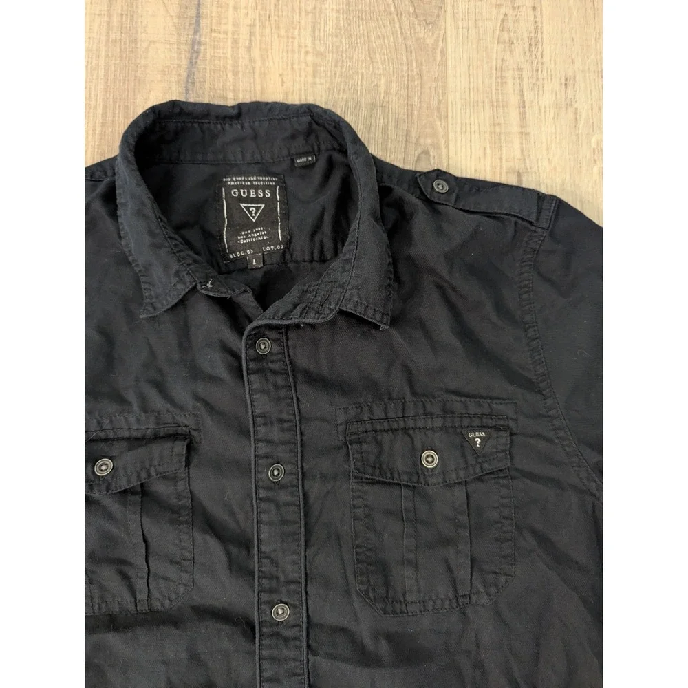 Guess Men's Military Utility Button Up Shirt Black Large Epaulets Cotton